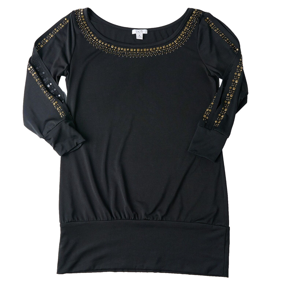 Vintage Cache Womens S Going Out Top Black Embellished Tunic Y2K Clubwear Glam